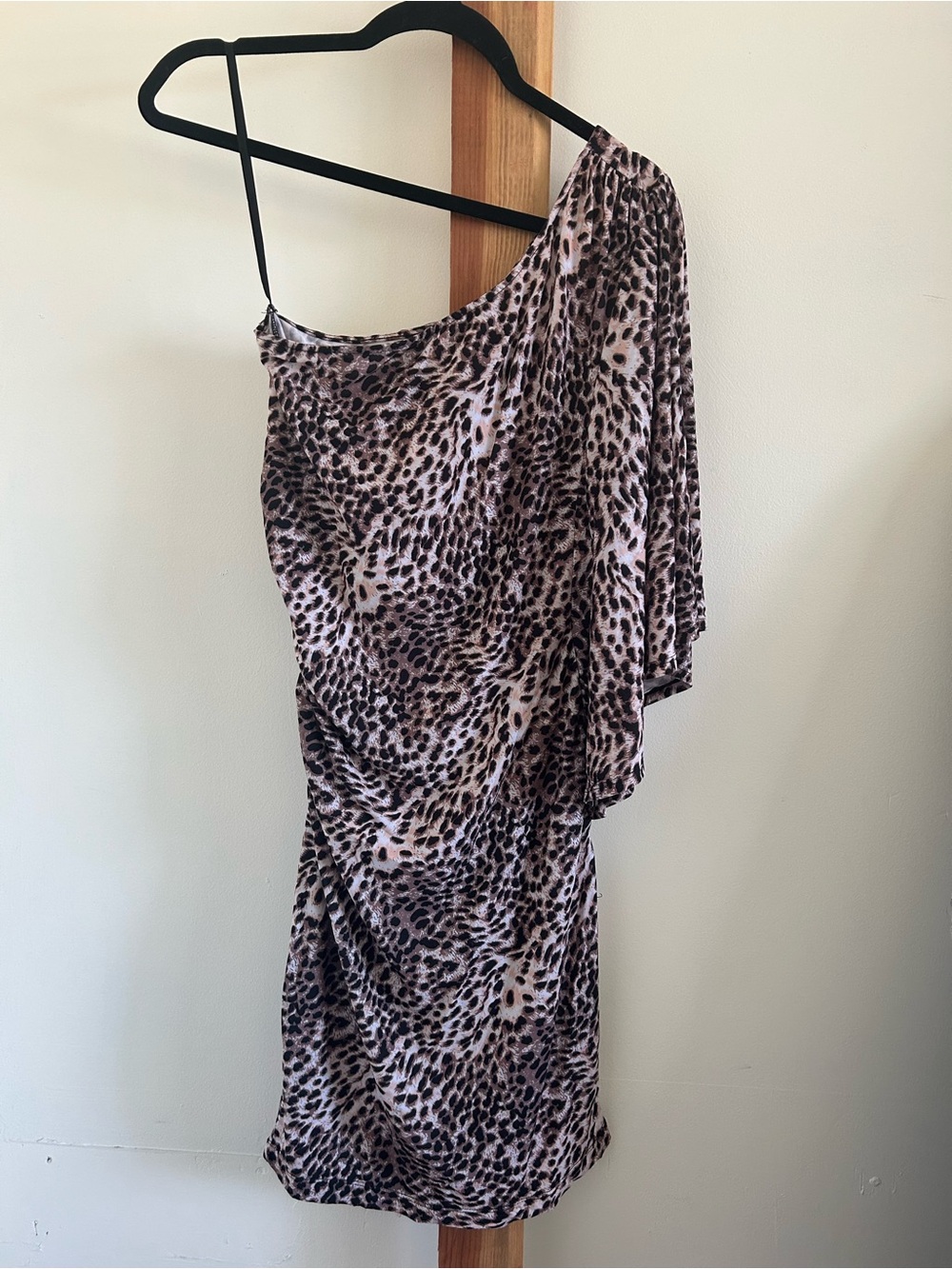 bebe One-Shoulder Animal Print Dress in Taupe and Black